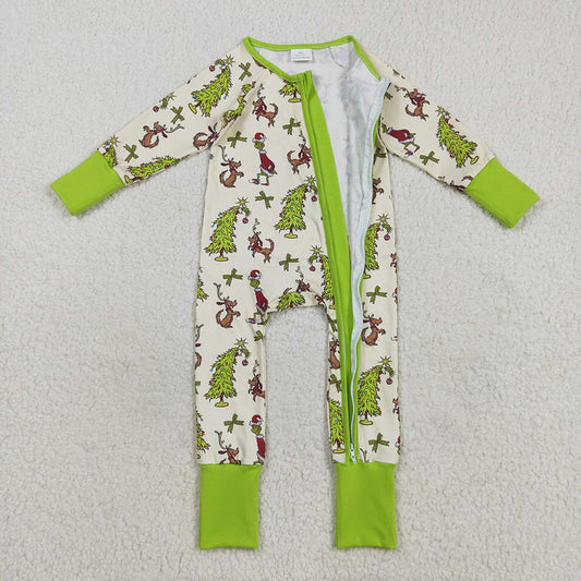 Baby Boys Christmas Trees Green Face Dogs Zipper Footie Rompers