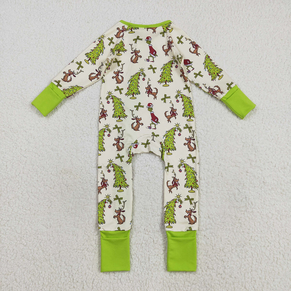 Baby Boys Christmas Trees Green Face Dogs Zipper Footie Rompers