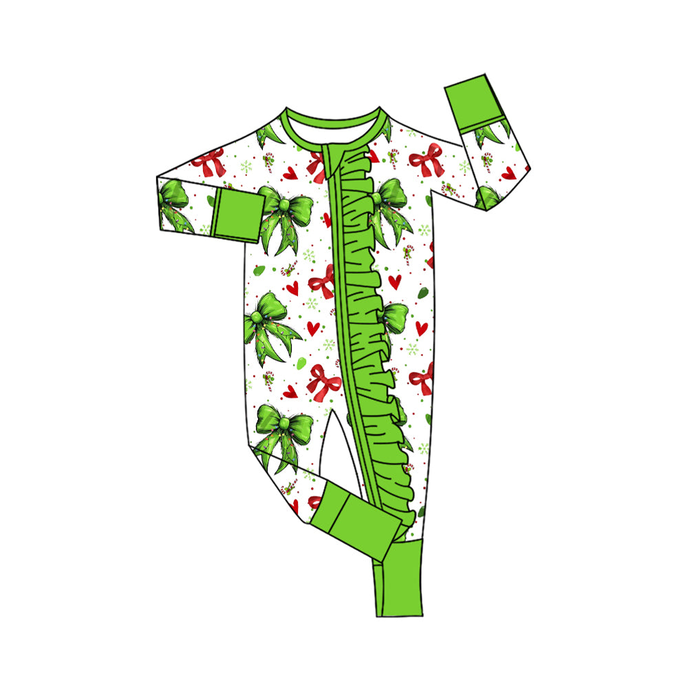 Baby Girls Green Red Bows Hearts Christmas Ruffle Zipper Footie Rompers