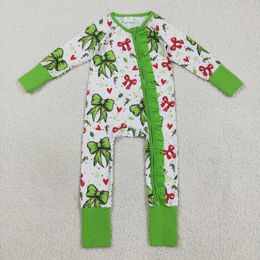 Baby Girls Green Red Bows Hearts Christmas Ruffle Zipper Footie Rompers