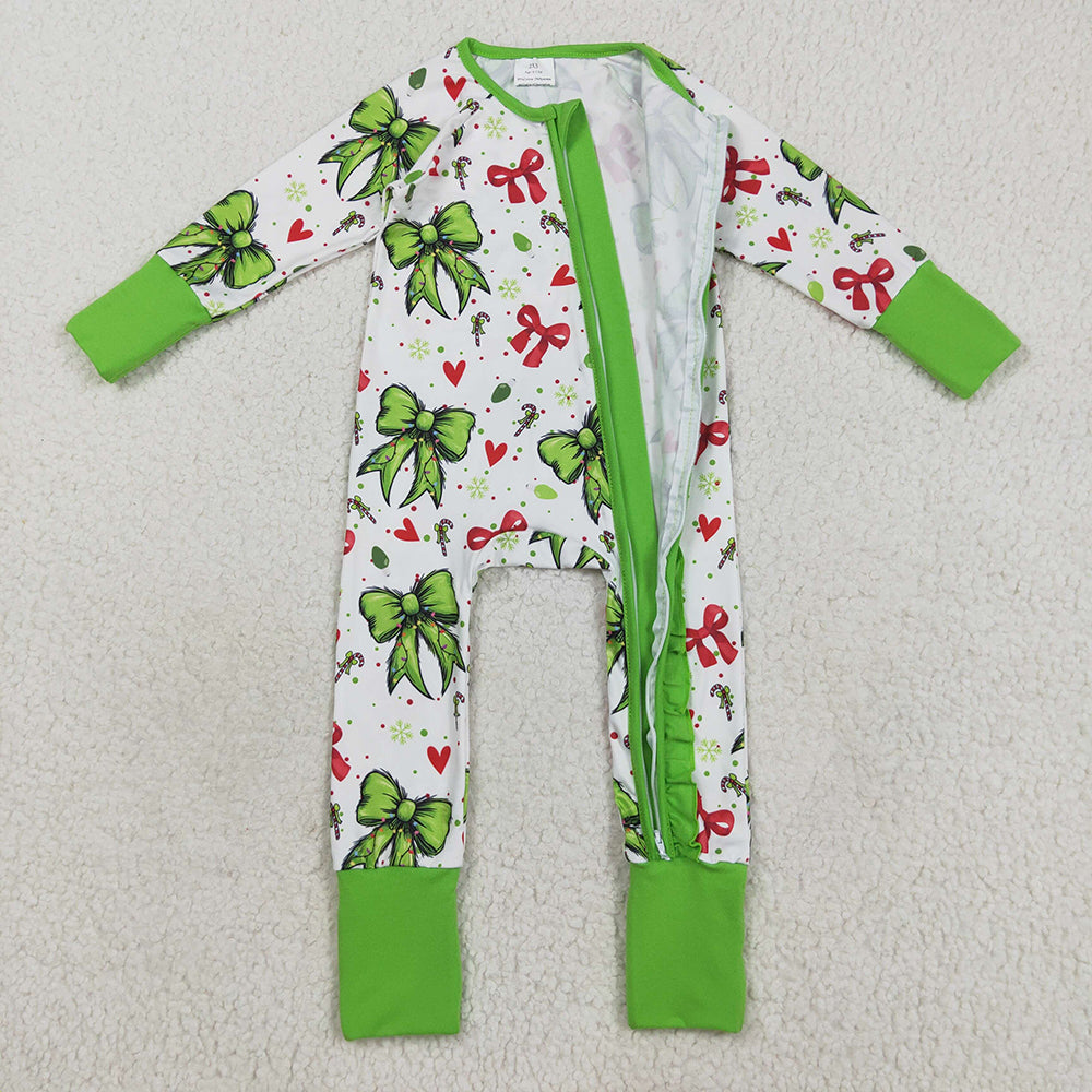 Baby Girls Green Red Bows Hearts Christmas Ruffle Zipper Footie Rompers