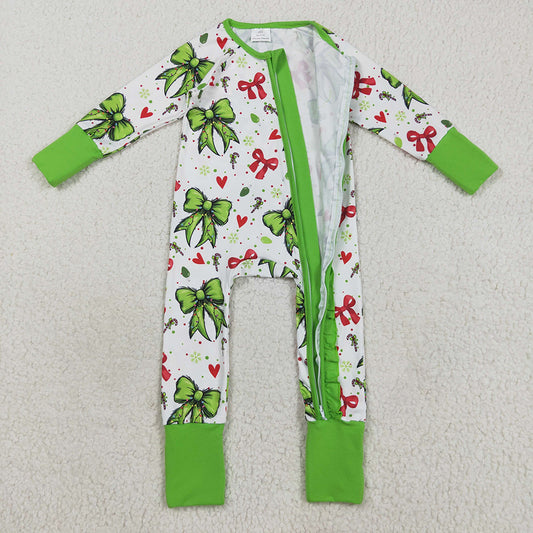Baby Girls Green Red Bows Hearts Christmas Ruffle Zipper Footie Rompers
