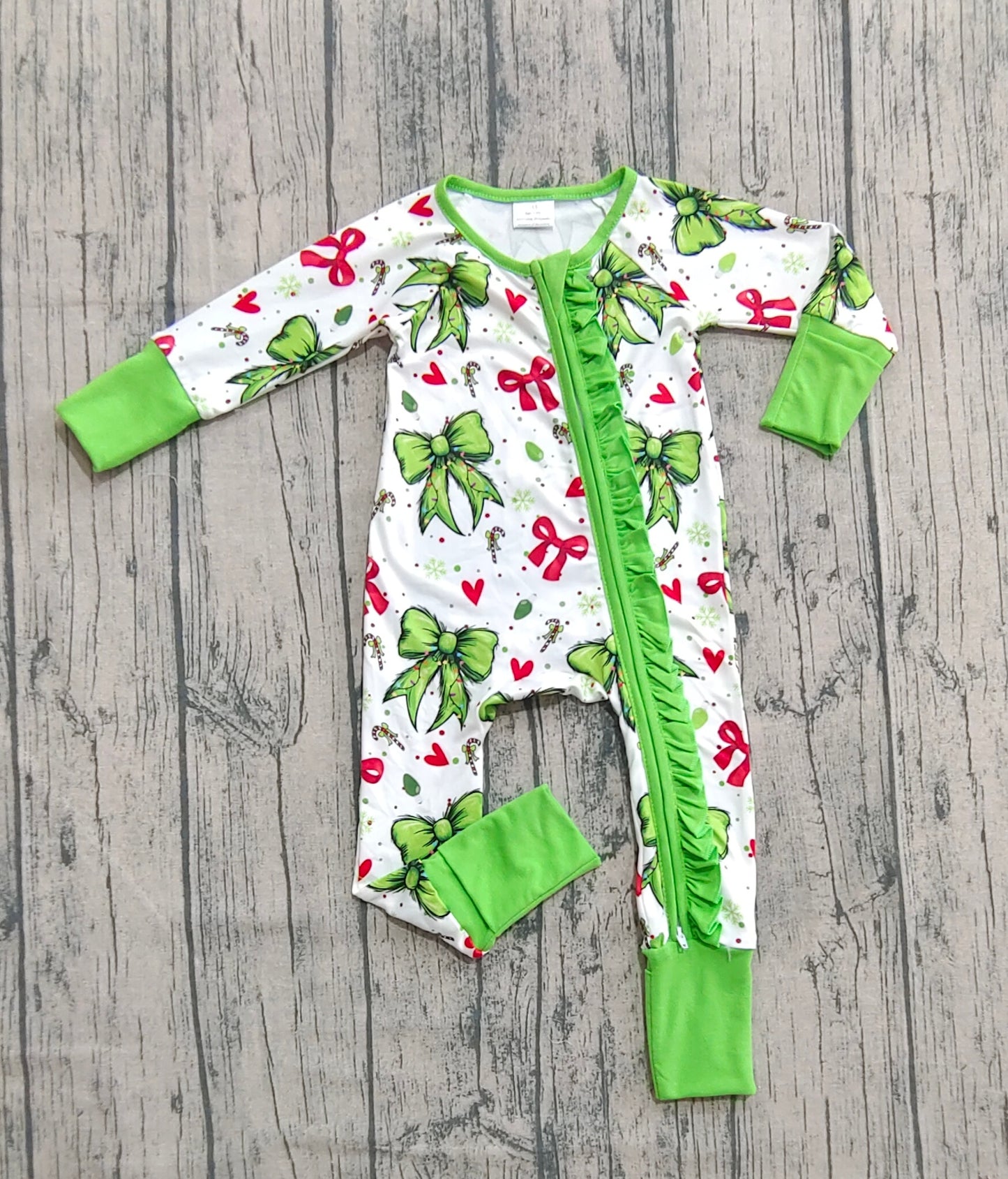 Baby Girls Green Red Bows Hearts Christmas Ruffle Zipper Footie Rompers