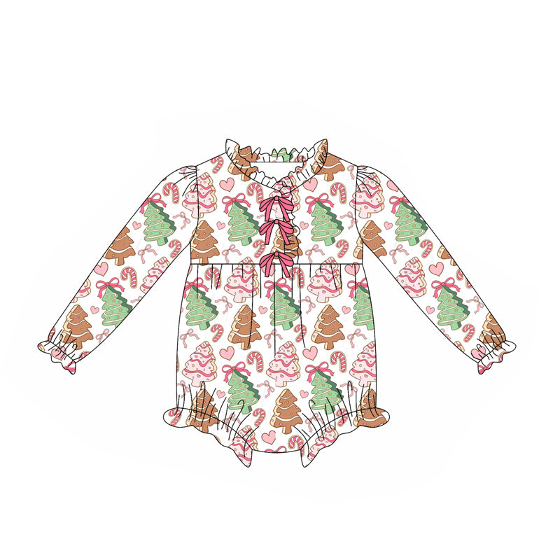 Baby Girls Long Sleeves Christmas Trees Candy Cane Ruffle Rompers Preorder