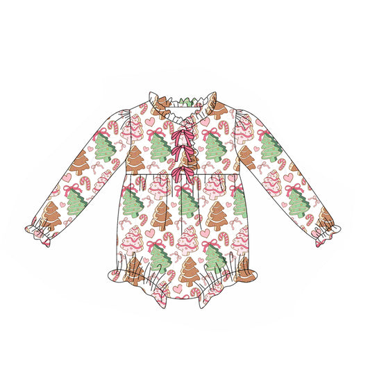 Baby Girls Long Sleeves Christmas Trees Candy Cane Ruffle Rompers Preorder