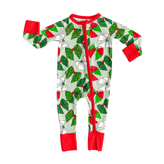 Baby Boys Long Sleeves Green Red Bows Plaid Zipper Rompers Preorder