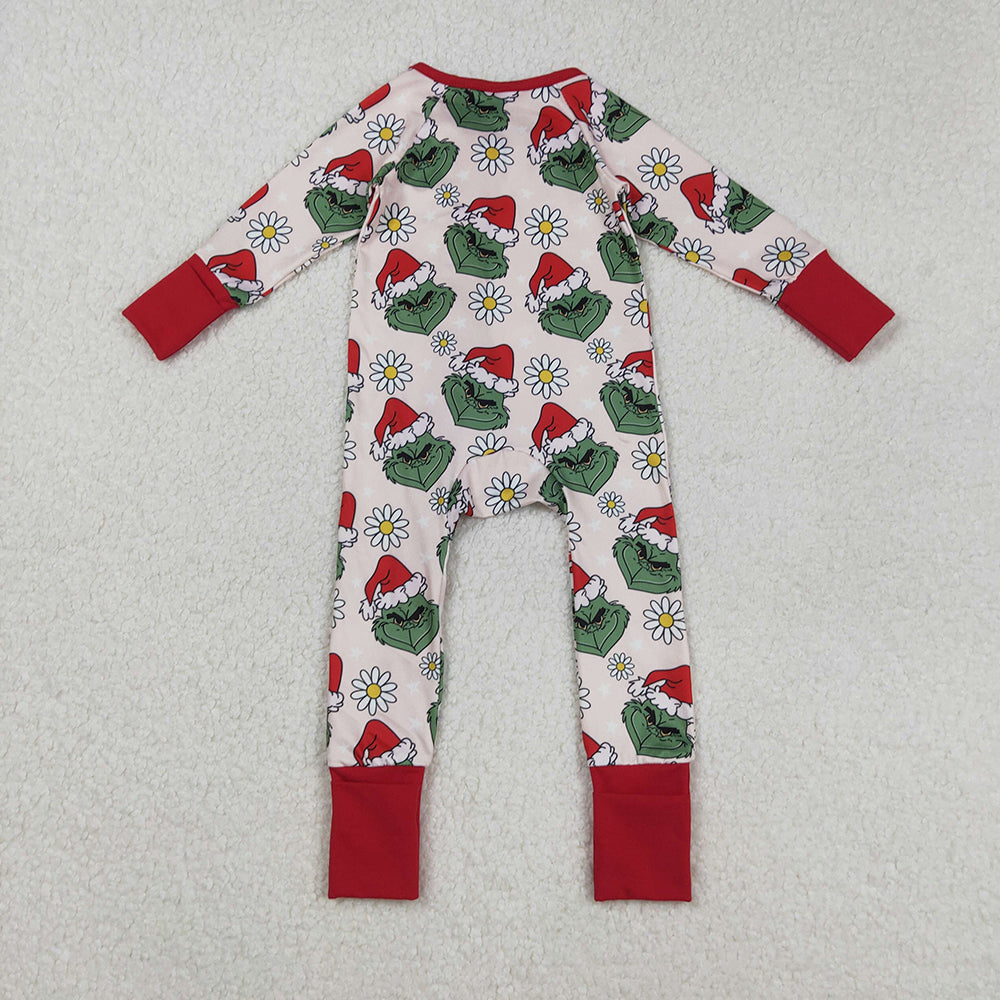 Baby Girls Green Face Flowers Ruffle Zipper Christmas Rompers