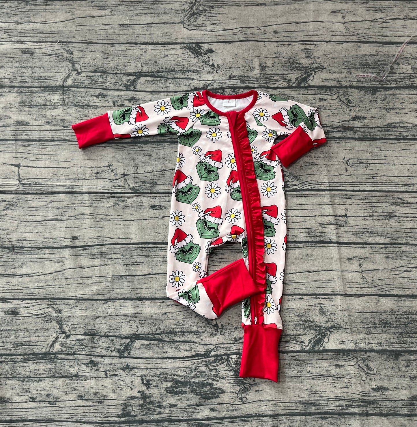 Baby Girls Green Face Flowers Ruffle Zipper Christmas Rompers