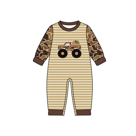 Baby Boys Brown Camo Truck Pumpkins Fall Rompers Preorder