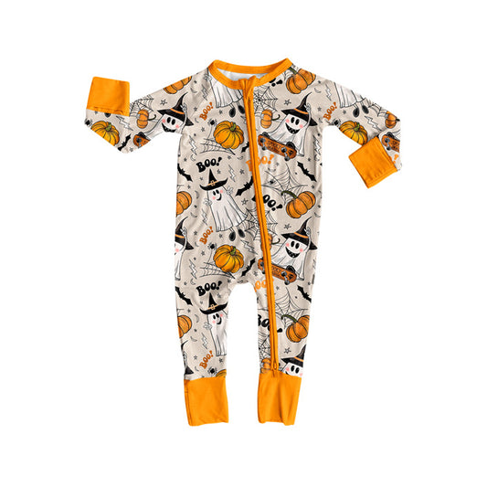 Baby Girls Orange Long Sleeves Bats Ghosts Plaid Zipper Pant Rompers Preorder