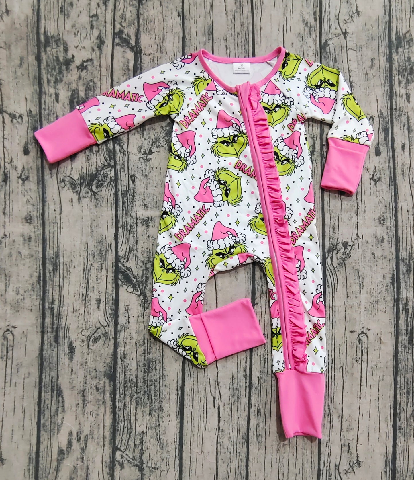 Baby Girls Green Faces Stars Ruffle Zipper Christmas Rompers