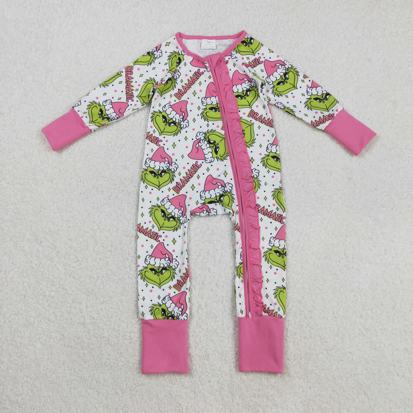 Sibling Baby Girls Green Faces Dramatic Christmas Zip Romper Pajamas Set Dresses
