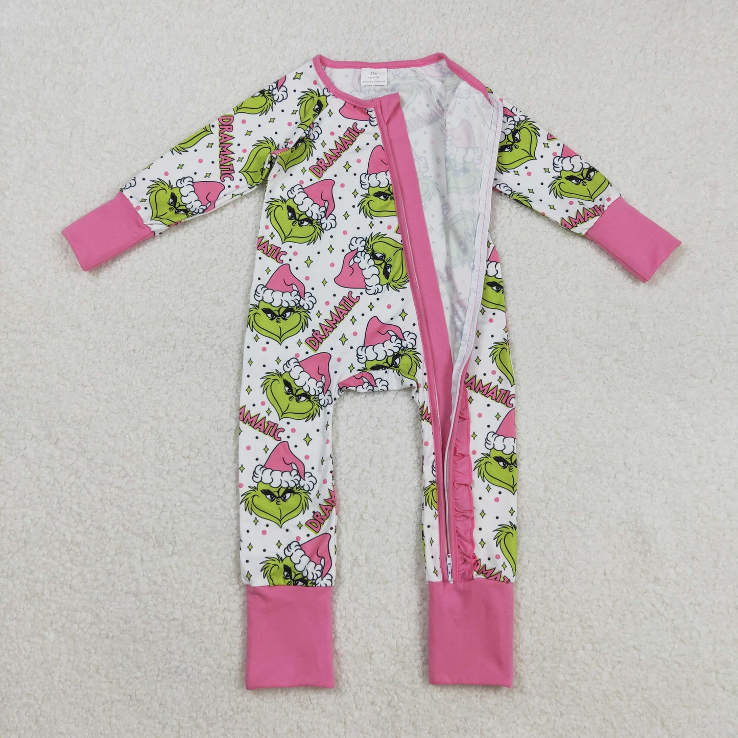 Sibling Baby Girls Green Faces Dramatic Christmas Zip Romper Pajamas Set Dresses