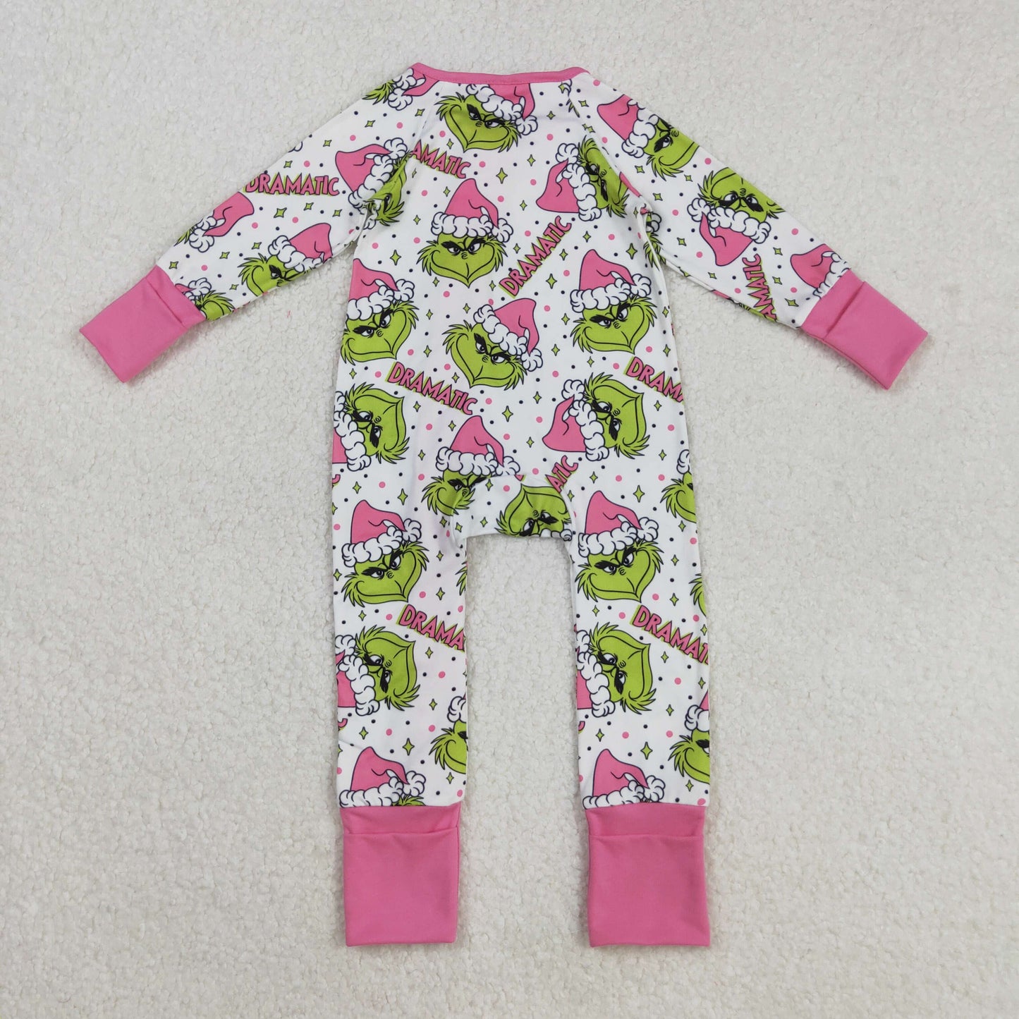 Sibling Baby Girls Green Faces Dramatic Christmas Zip Romper Pajamas Set Dresses