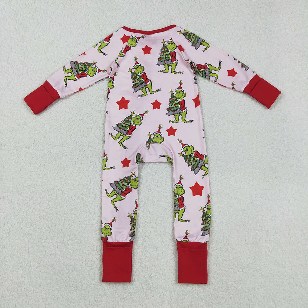 Baby Girls Green Faces Christmas Trees Ruffle Zipper Rompers