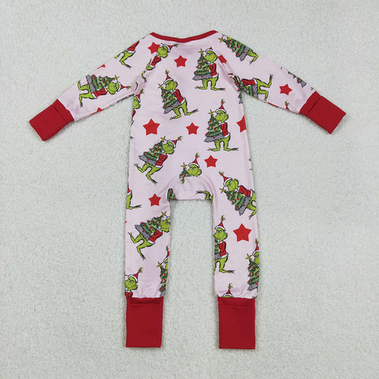 Baby Girls Green Faces Christmas Trees Ruffle Zipper Rompers