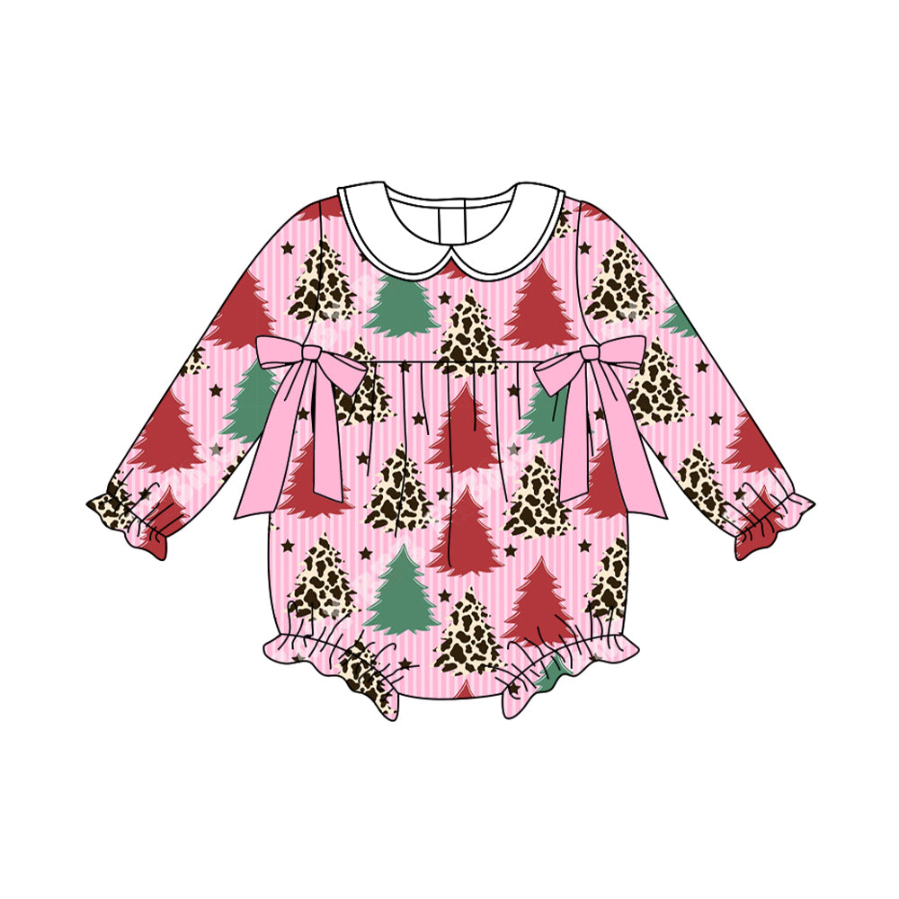 Baby Girls Red Green Christmas Trees Stars Ruffle Rompers Preorder