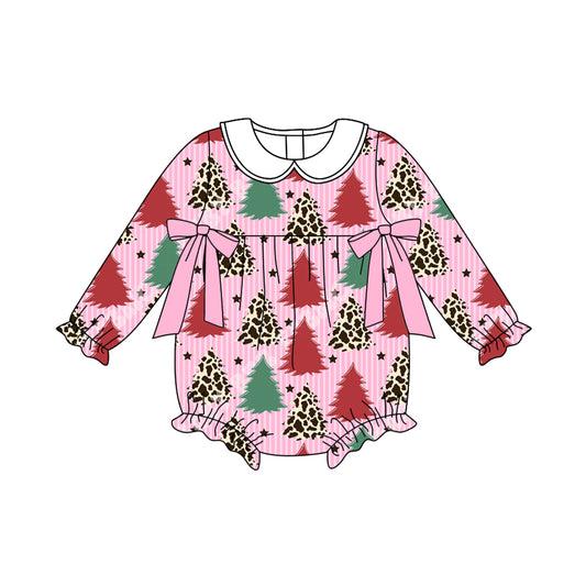 Baby Girls Red Green Christmas Trees Stars Ruffle Rompers Preorder