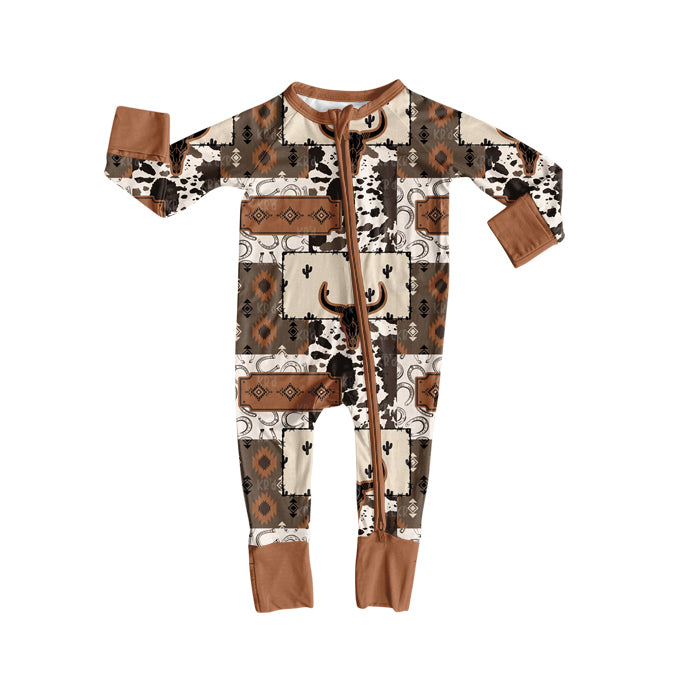 Baby Boys Bull Skull Aztec Plaid Western Zipper Footie Rompers Preorder