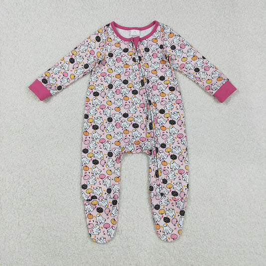 Baby Girls Ghosts Pumpkins Halloween Zipper Footed Rompers