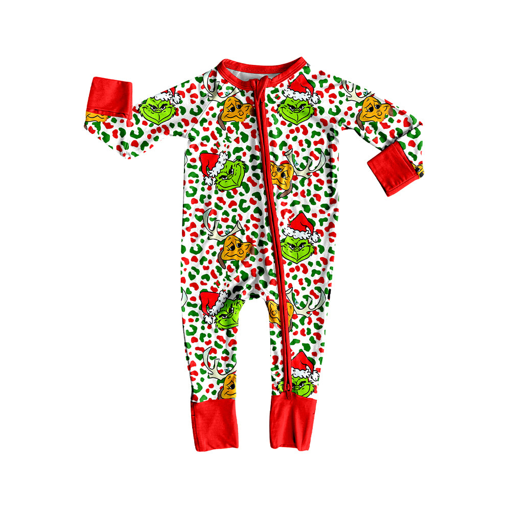 Baby Girls Green Face Leopard Christmas Zipper Footie Rompers Preorder