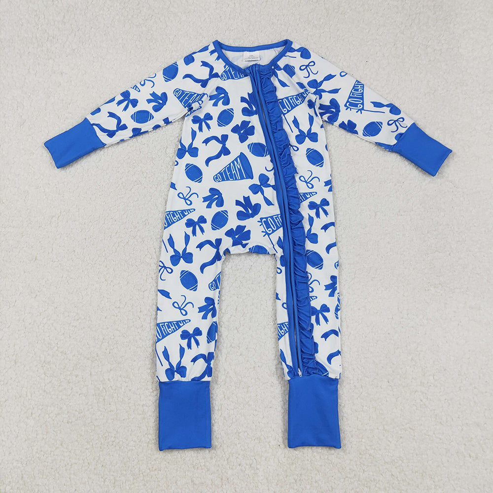 Baby Girls Team Blue Bows Cheer Footballs Ruffle Zipper Footie Rompers