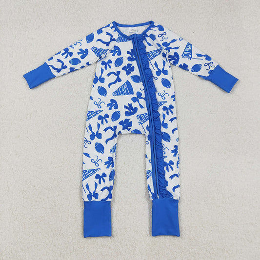 Baby Girls Team Blue Bows Cheer Footballs Ruffle Zipper Footie Rompers