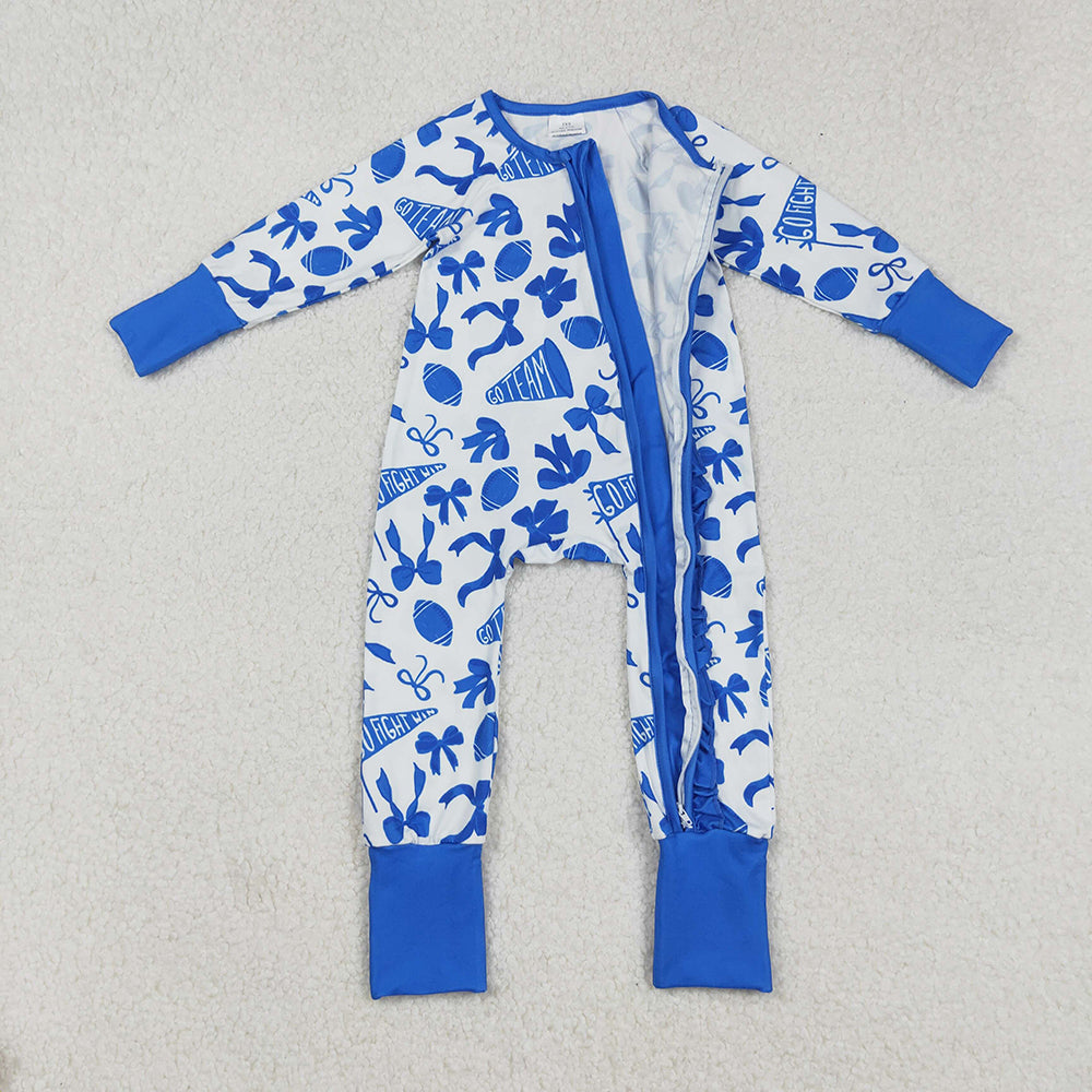 Baby Girls Team Blue Bows Cheer Footballs Ruffle Zipper Footie Rompers