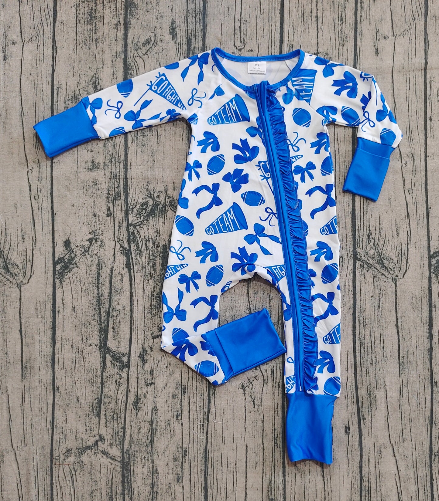 Baby Girls Team Blue Bows Cheer Footballs Ruffle Zipper Footie Rompers