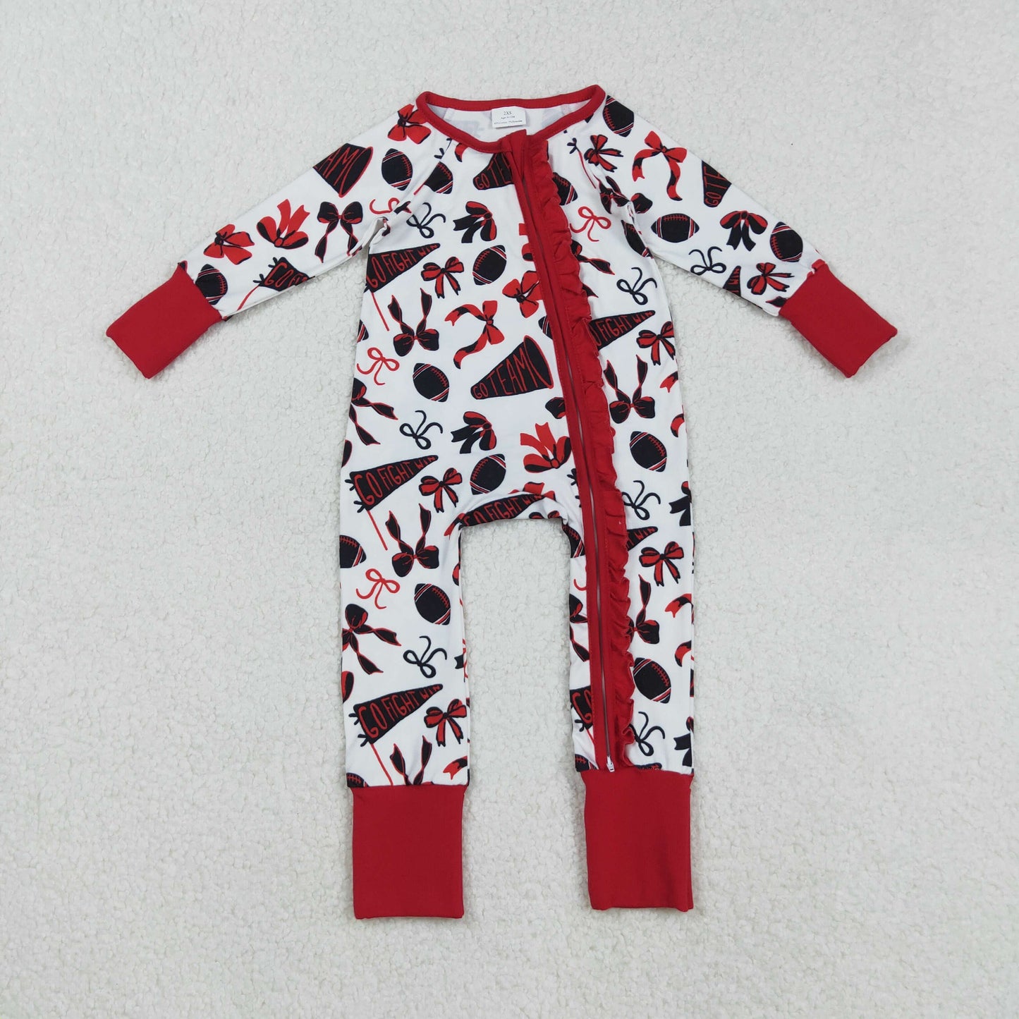 Sibling Baby Girls Long Sleeves Bows Footballs Go Team Ruffle Zipper Footie Rompers