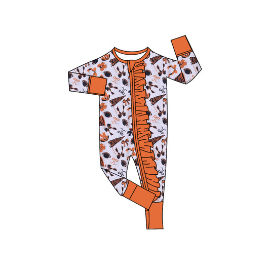 Baby Girls Orange Bows Footballs Plaid Ruffle Zipper Team Rompers Preorder