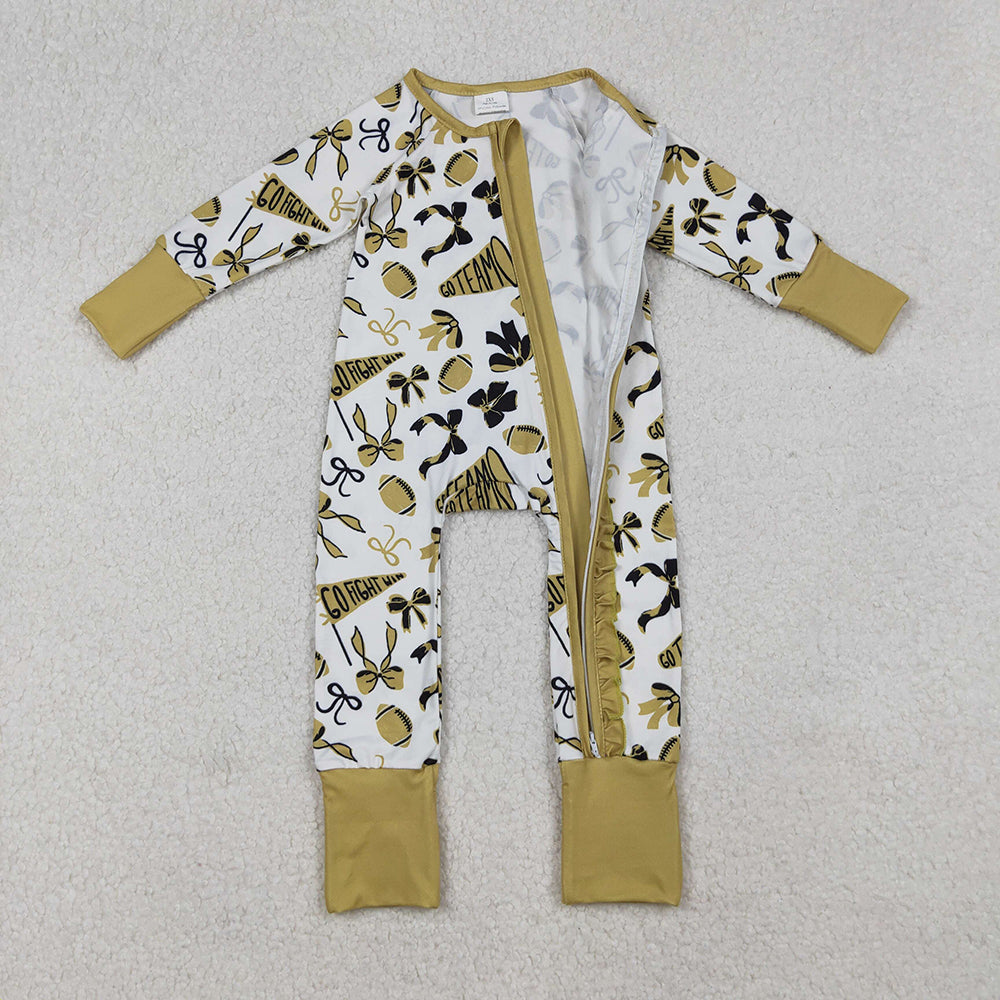 Baby Girls Golden Bows Footballs Ruffle Zipper Team Rompers
