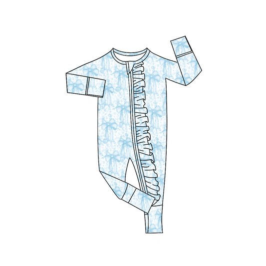 Baby Girls Blue Bows Floral Plaid Ruffle Zipper Footie Rompers Preorder