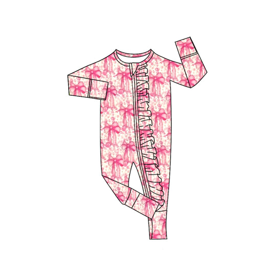 Baby Girls Pink Bows Floral Plaid Ruffle Zipper Footie Rompers Preorder