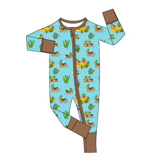 Baby Boys Long Sleeves Ducks Plaid Zipper Footie Rompers Preorder