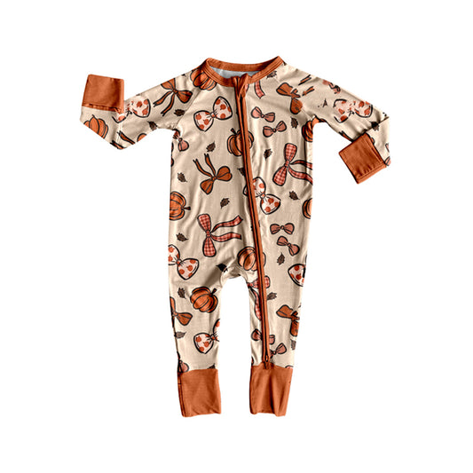 Baby Boys Long Sleeves Pumpkins Bows Fall Zipper Footie Rompers Preorder