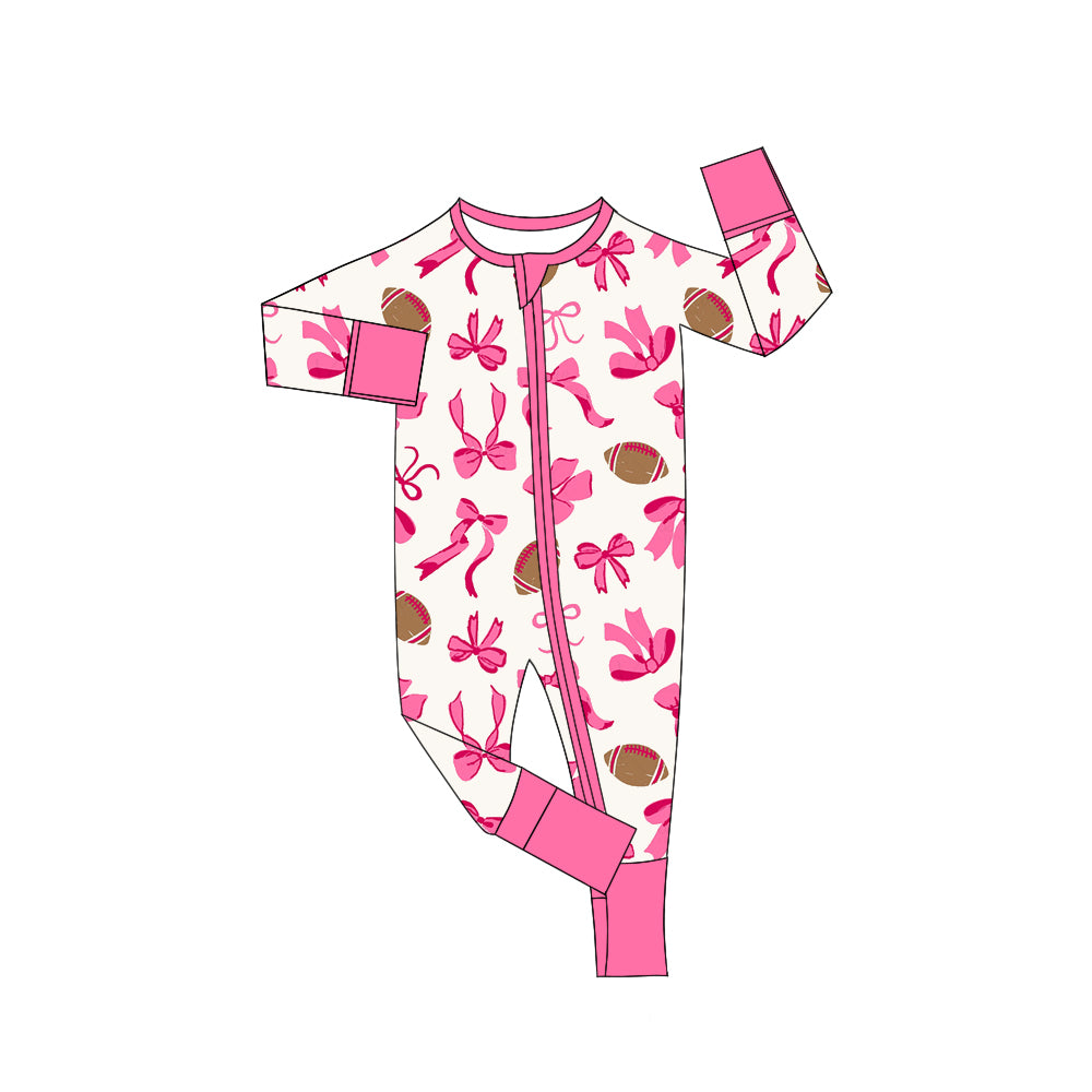 Baby Girls Pink Footballs Bows Plaid Team Zipper Footie Rompers Preorder