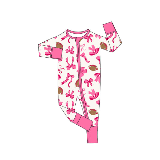 Baby Girls Pink Footballs Bows Plaid Team Zipper Footie Rompers Preorder