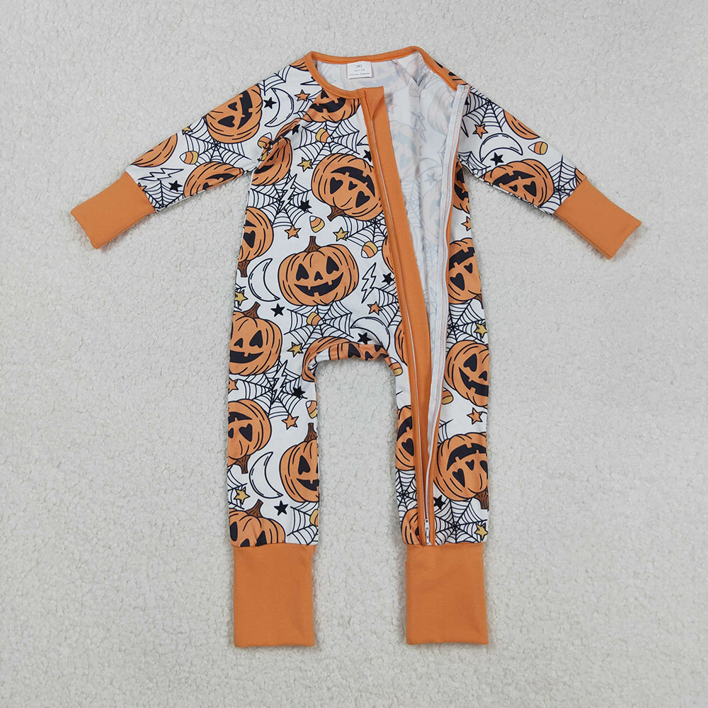 Baby Boys Spider Web Pumpkins Halloween Zipper Footie Rompers
