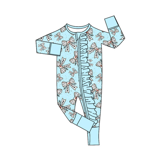 Baby Girls Blue Snowmen Bows Plaid Christmas Zipper Footie Rompers Preorder