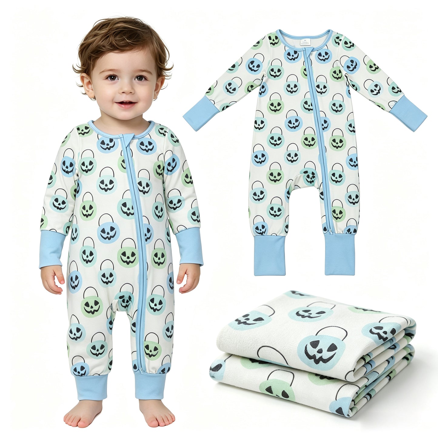 Baby Boys Ghost Pumpkins Halloween Two Way Zip Convertible Rompers