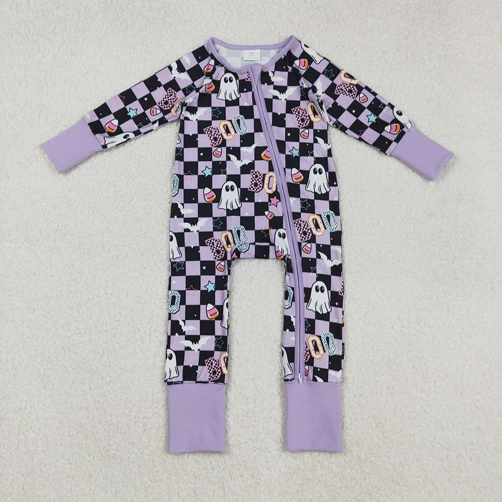 Baby Girls Black Plaid Ghosts Candy Halloween Zipper Footie Rompers