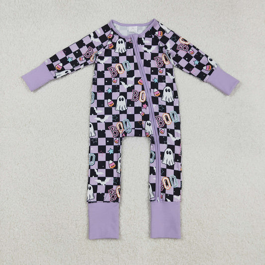 Baby Girls Black Plaid Ghosts Candy Halloween Zipper Footie Rompers