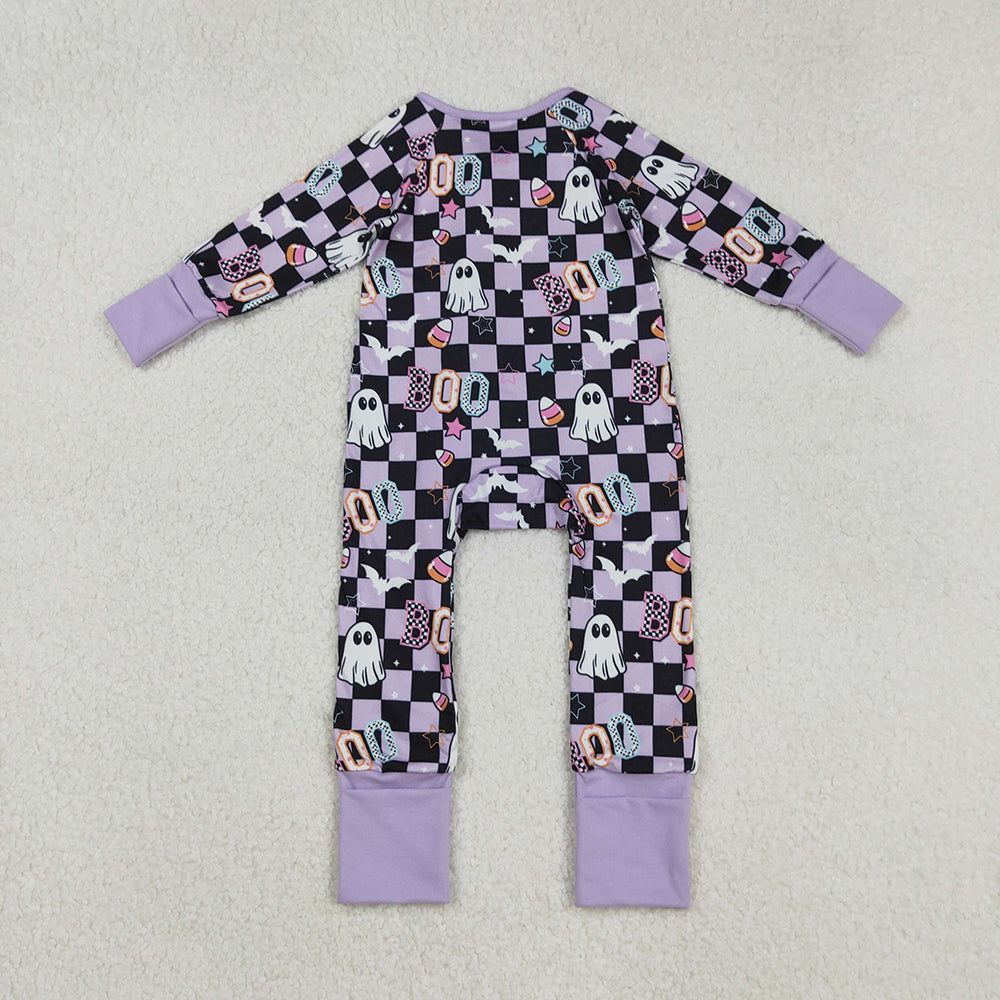 Baby Girls Black Plaid Ghosts Candy Halloween Zipper Footie Rompers
