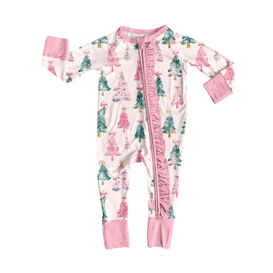 Baby Girls Christmas Trees Bows Plaid Ruffle Zipper Footie Rompers Preorder