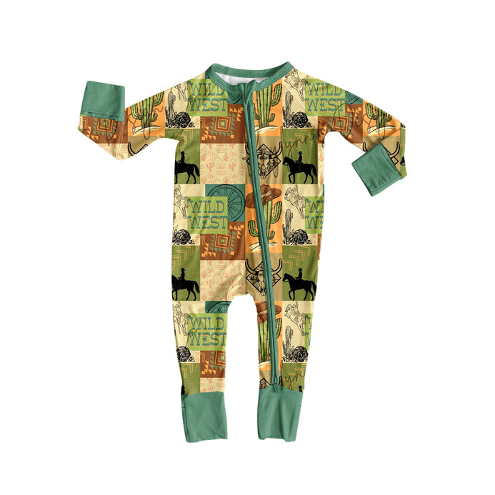 Baby Boys Bull Skull Cactus Western Zipper Footie Rompers Preorder