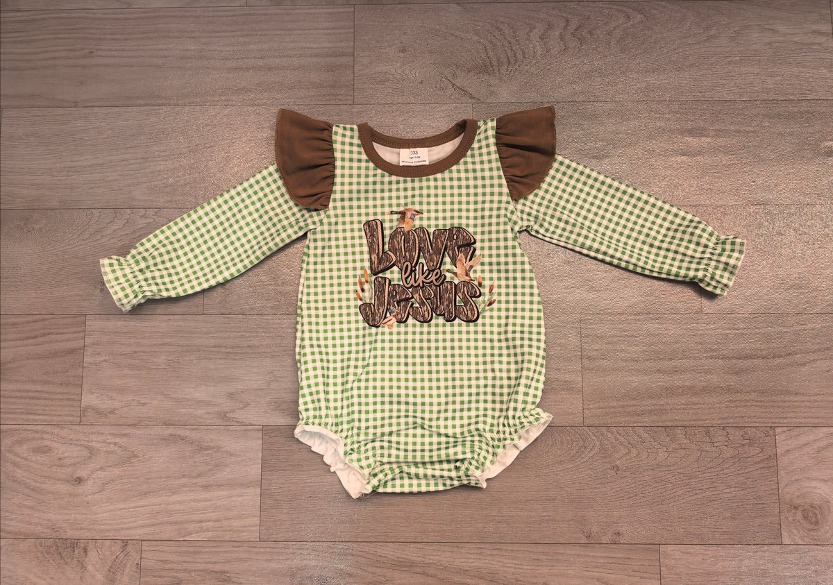 Baby Girls Green Plaid Ducks Jesus Western Rompers Preorder