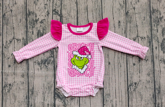 Baby Girls Pink Checked Green Face Christmas Ruffle Sleeve Rompers