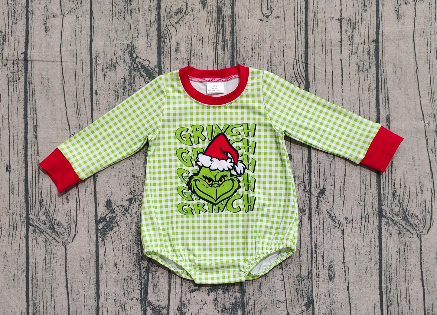Baby Boys Green Face Christmas Checked Rompers