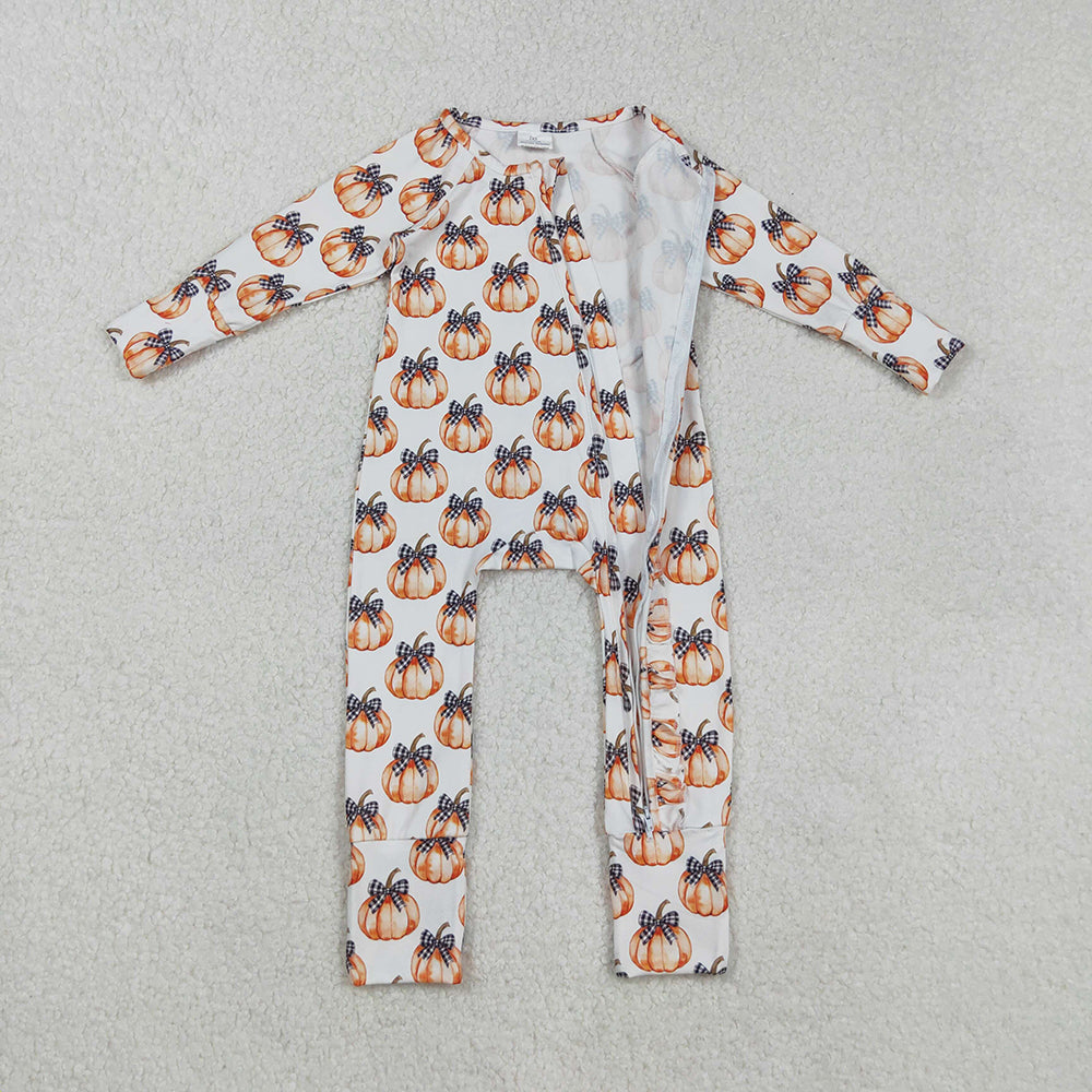 Baby Boys Bows Pumpkins Fall Zipper Footie Rompers